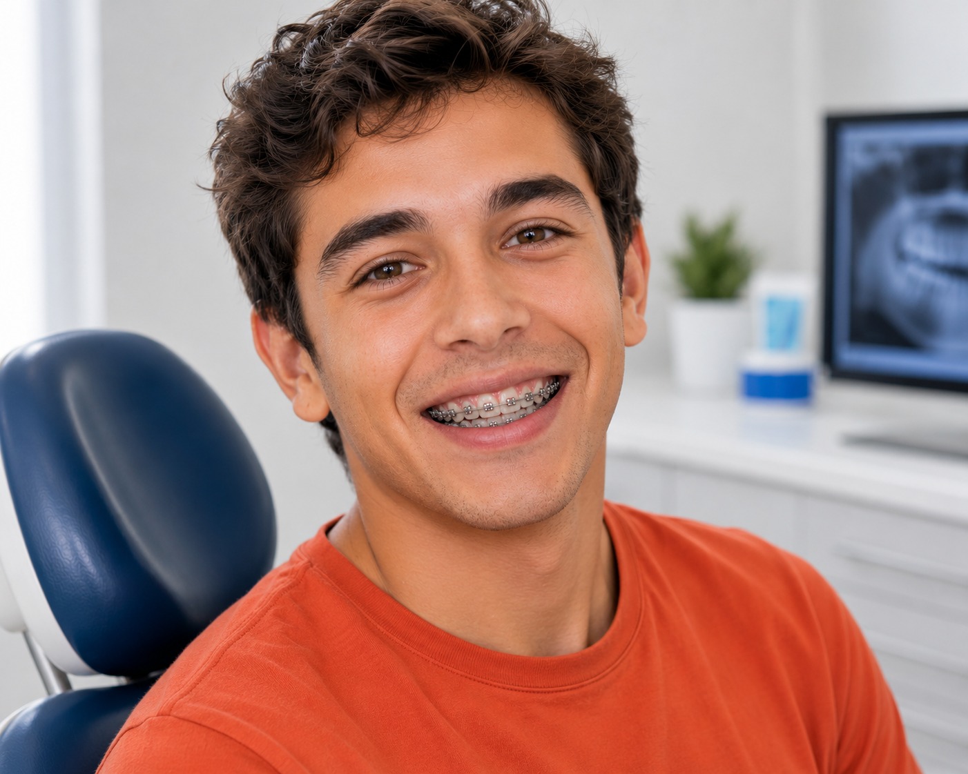 Paciente joven sonriendo con brackets de ortodoncia